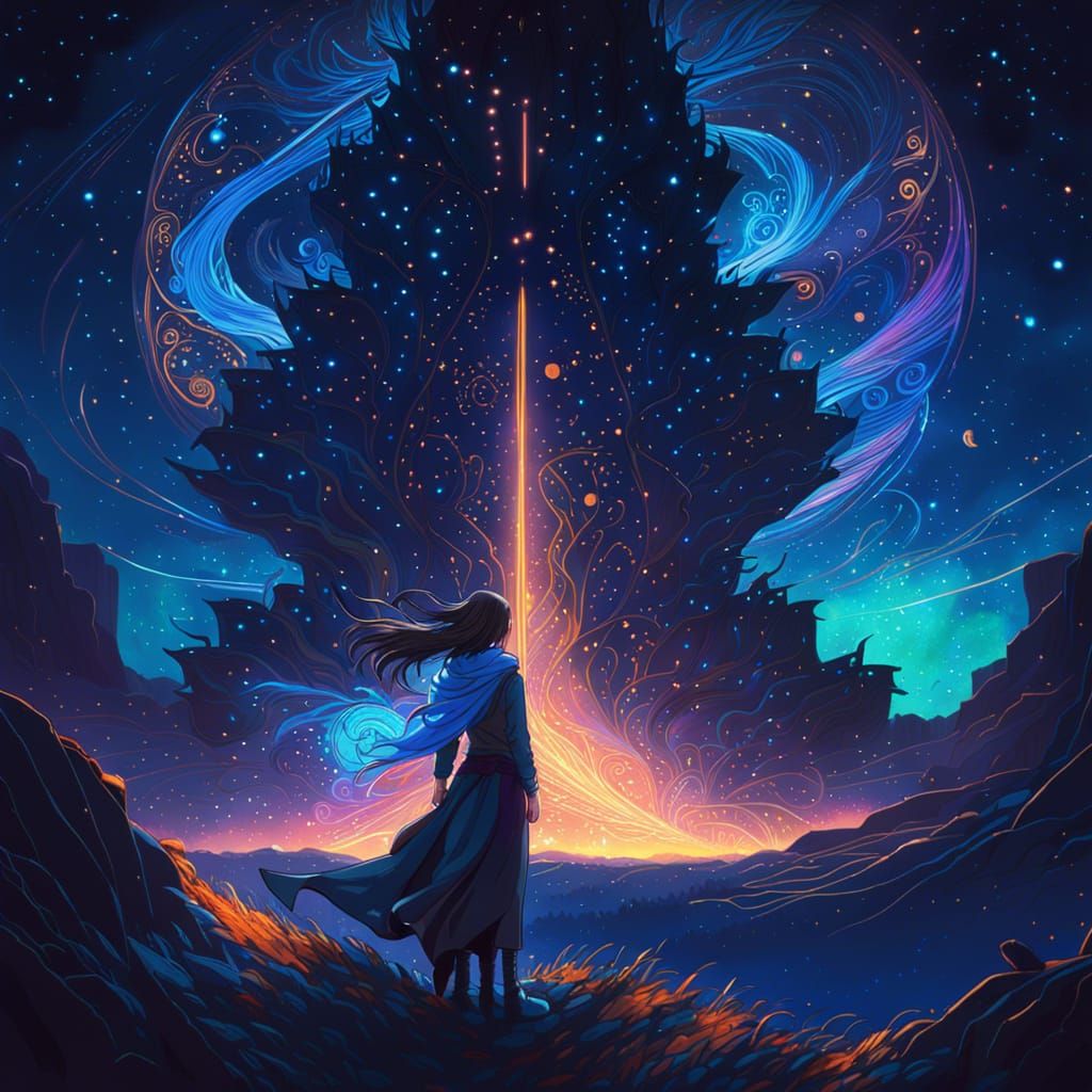 Runic Magic Woman Under Starry Night Sky