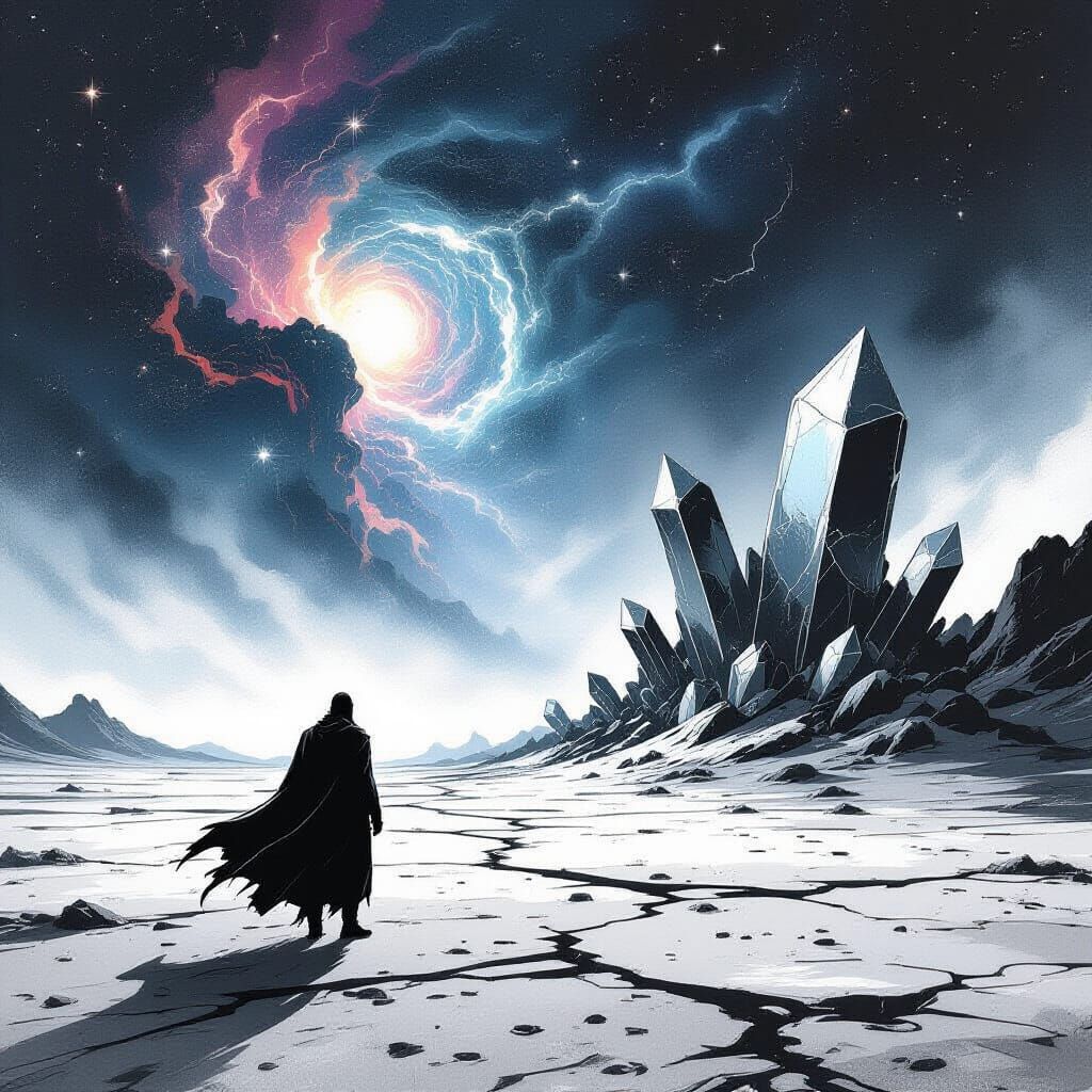 Cosmic Solitude: Figure on Windswept Plain with Glowing Crys...