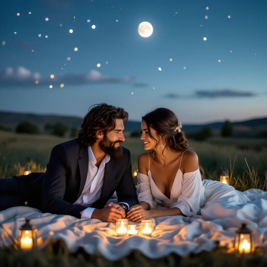 Couple in Field of Lanterns Under Milky Way