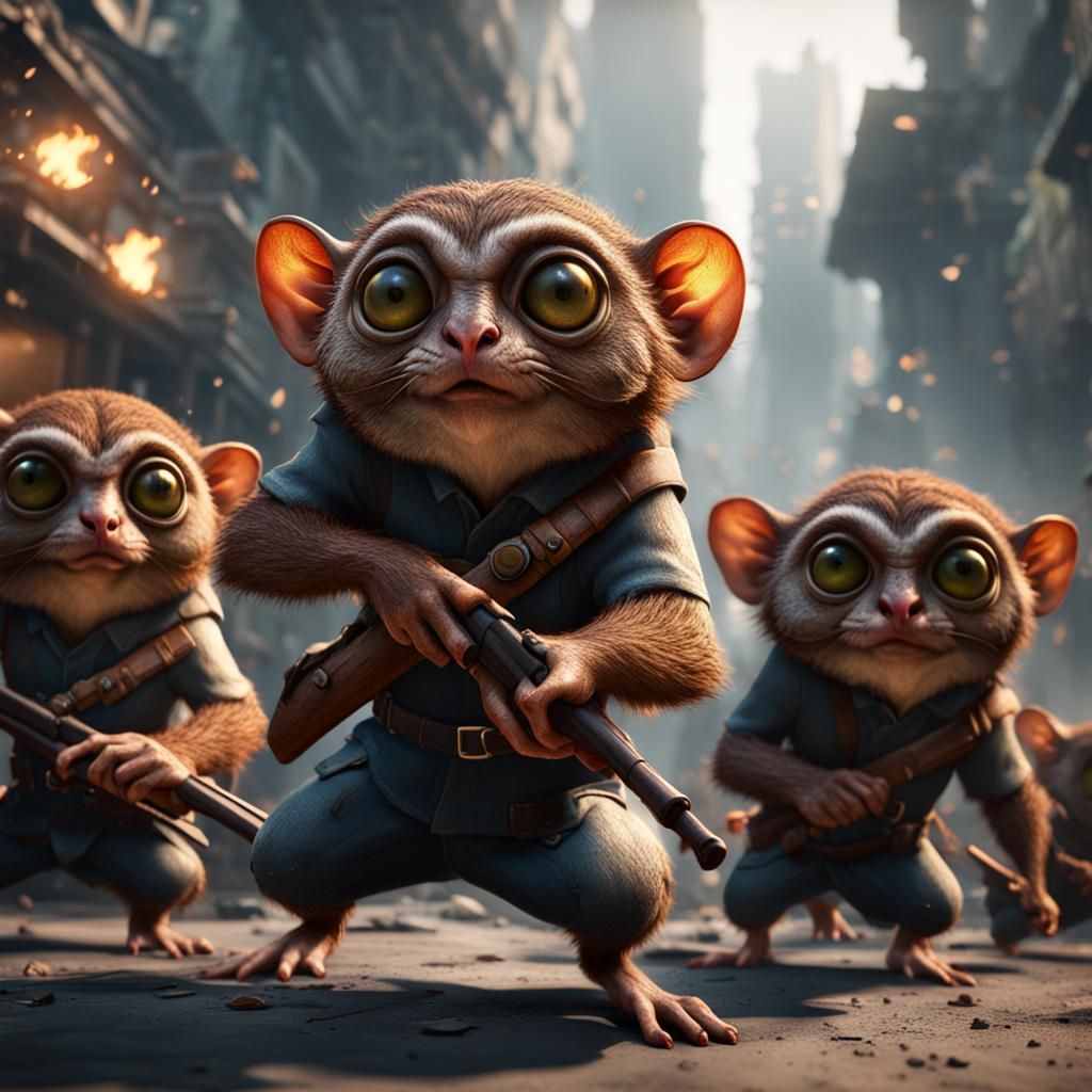 Tarsiers Rioting in 3D Game Cinematic Style