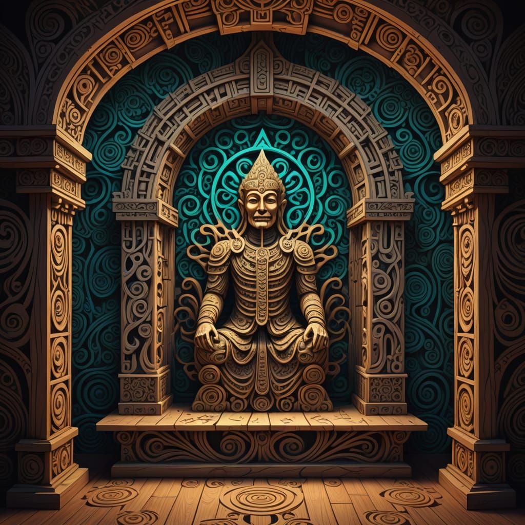 Ancestor Alcove with Neon Accents and Symmetrical Design