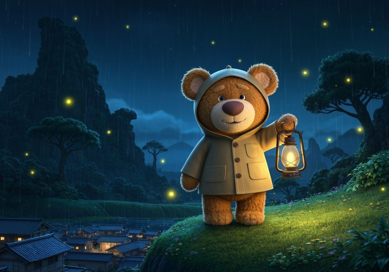 Pixar Style Teddy Bear in Raining Japanese Countryside