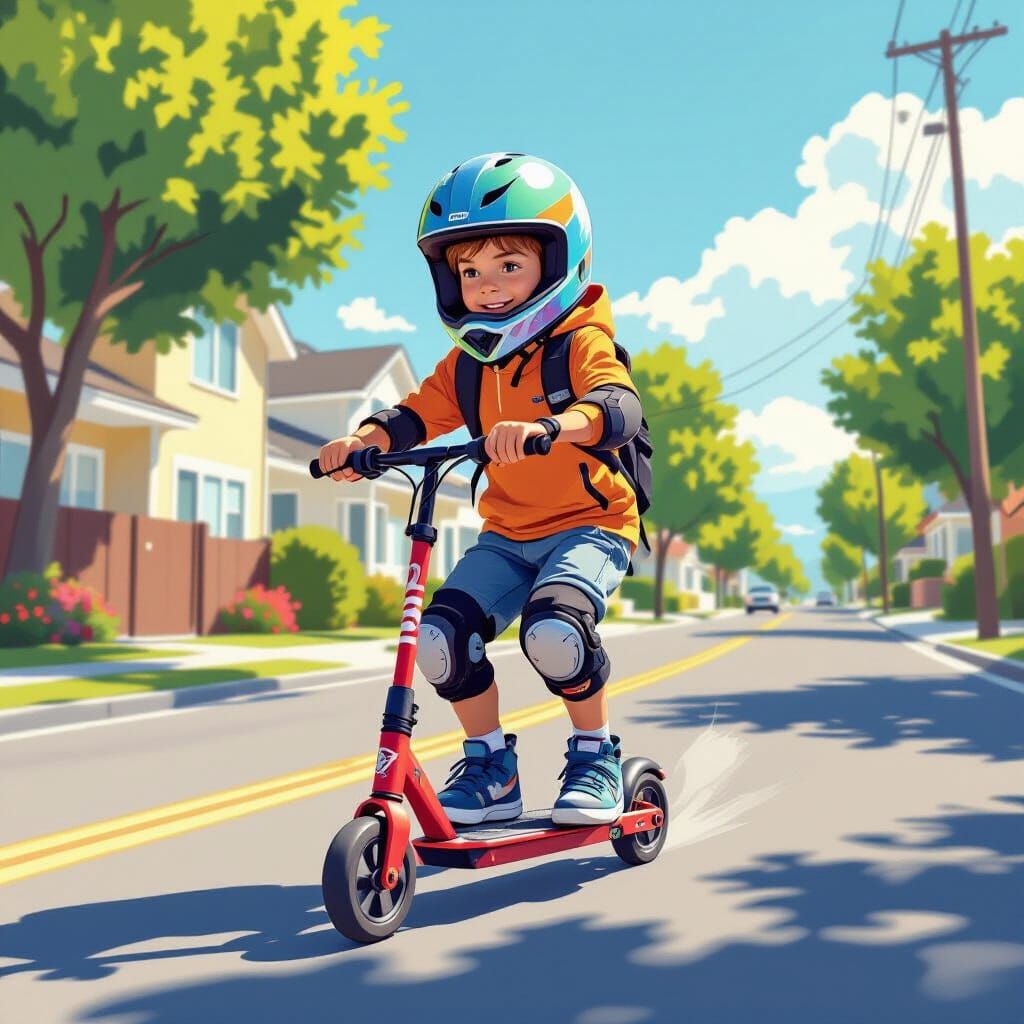 Boy Riding Scooter on Sunny Street in Dynamic Style