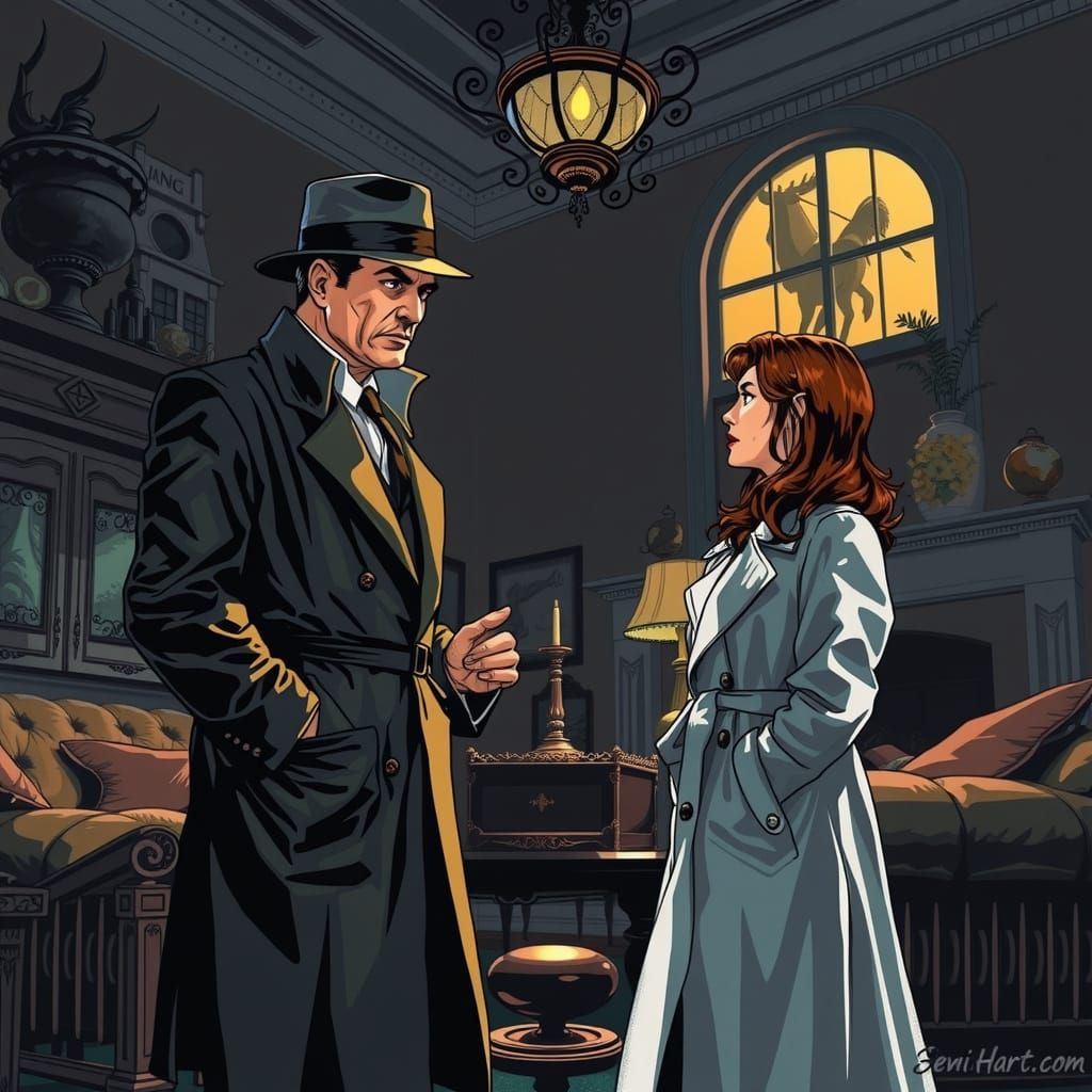 Noir Detective Confrontation in Vintage Mansion