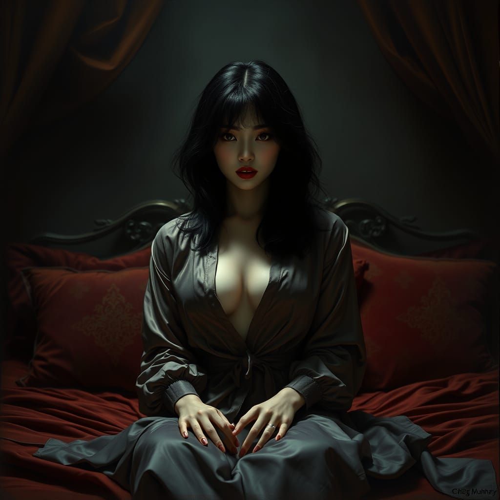 Mysterious Asian Seductress in Dark, Cinematic Art