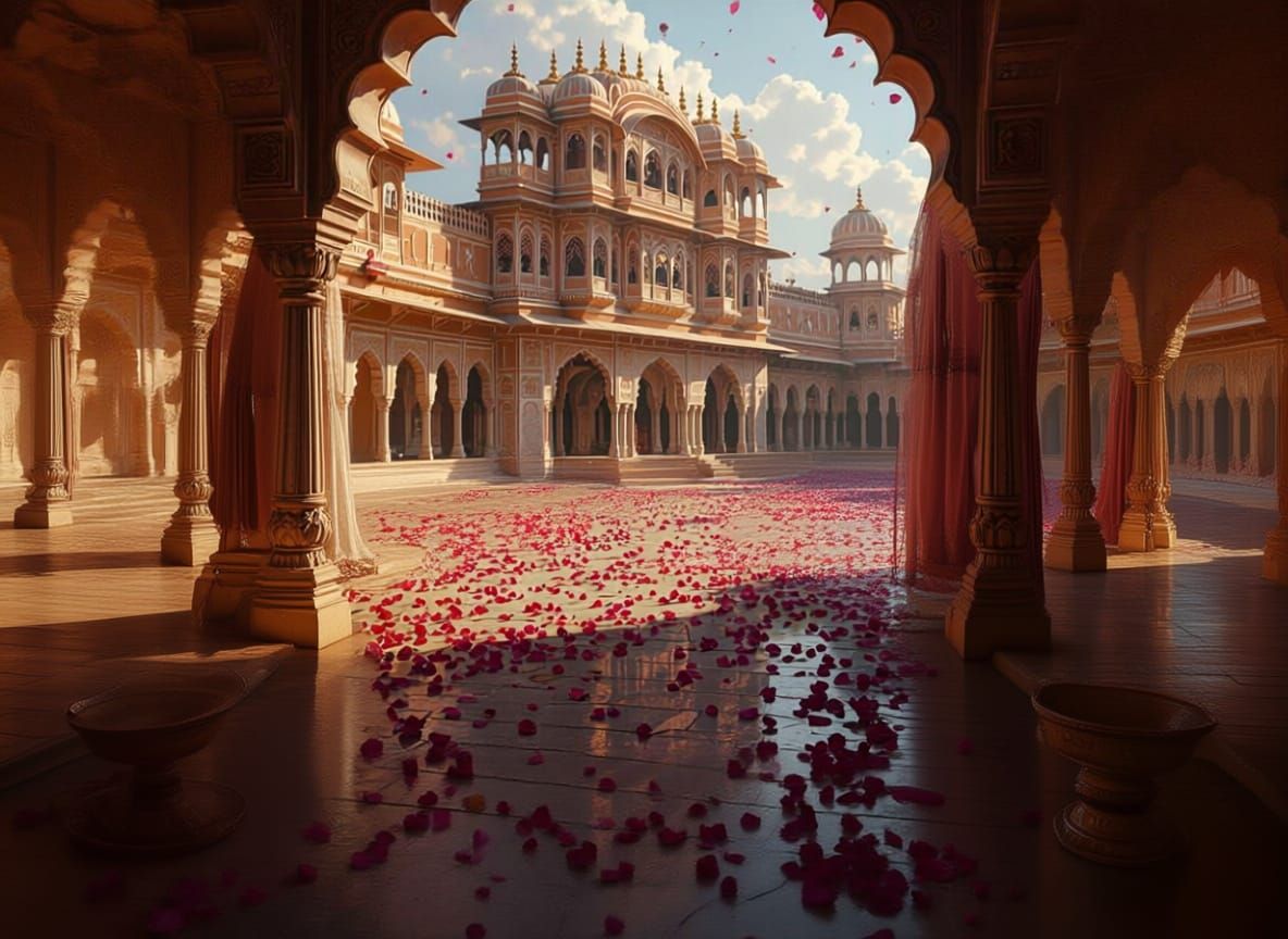 Grand Jaipur Palace Adorned with Flowers, Ancient Architectu...