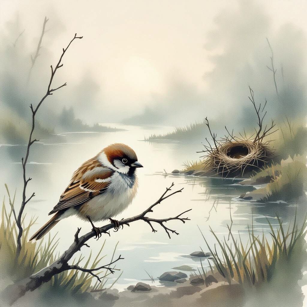 Sad Sparrow on Branch Near Riverbank in Watercolor Style