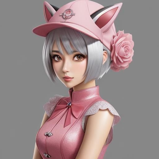 Girl with Silver Hair and Pokemon Hat in Anime Style