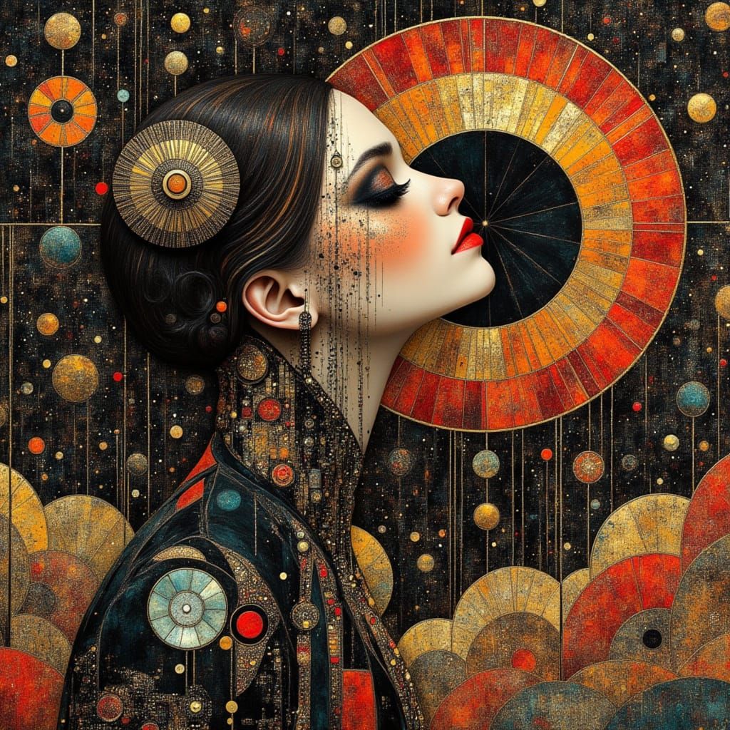 Elegant Woman Leaps into Art Deco Vortex