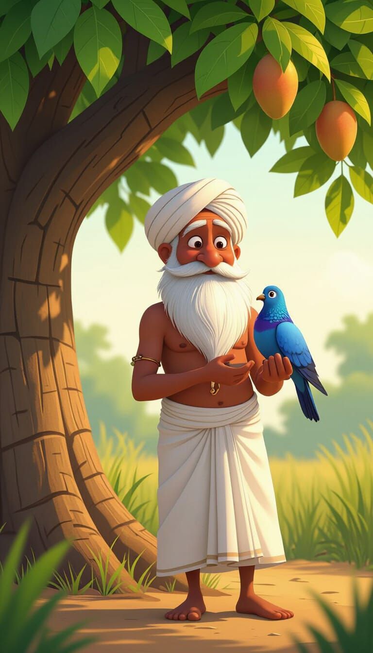 Old Indian Farmer with Pigeon in Pixar Style