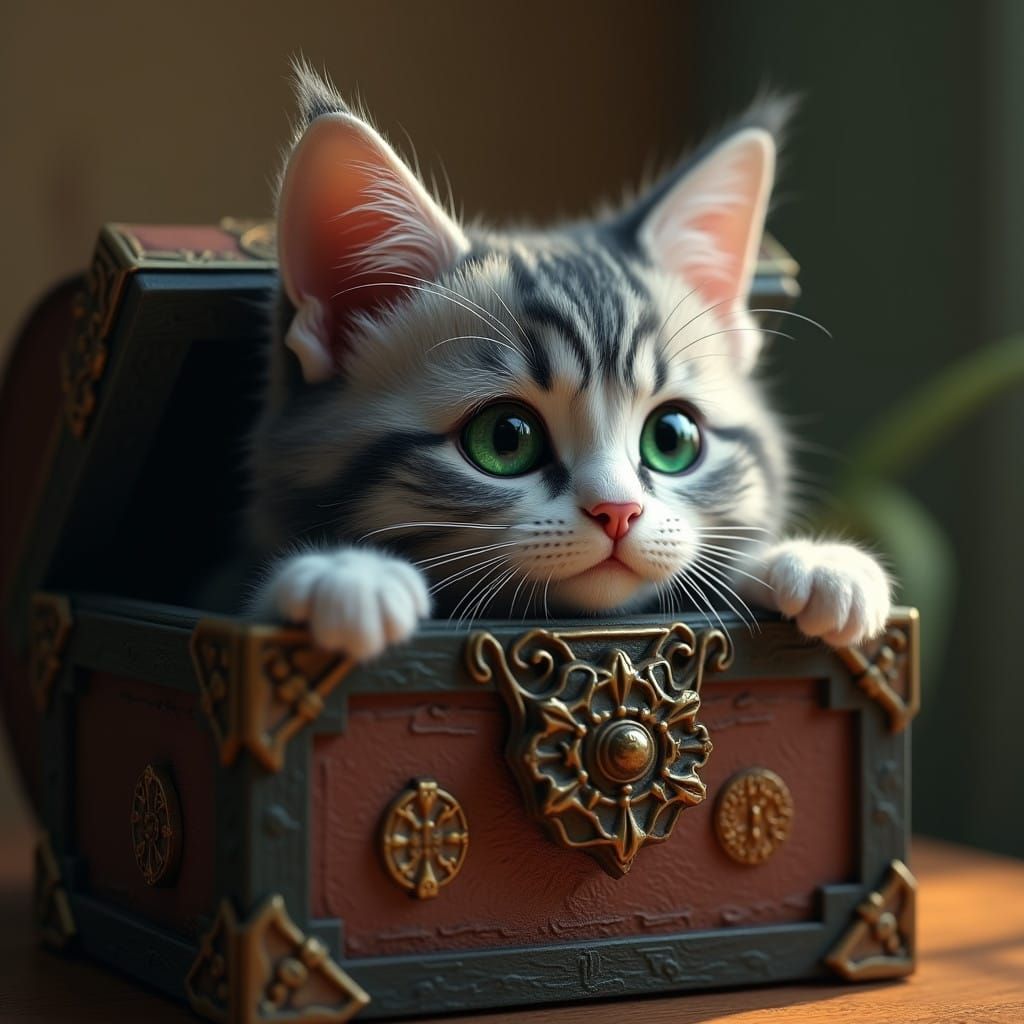 Elderly Whiskered Cat Peeks from Ornate, Mystical Box