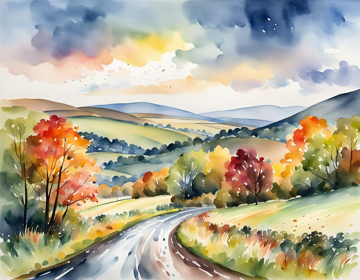 Scottish Autumn Landscape in Watercolor Style