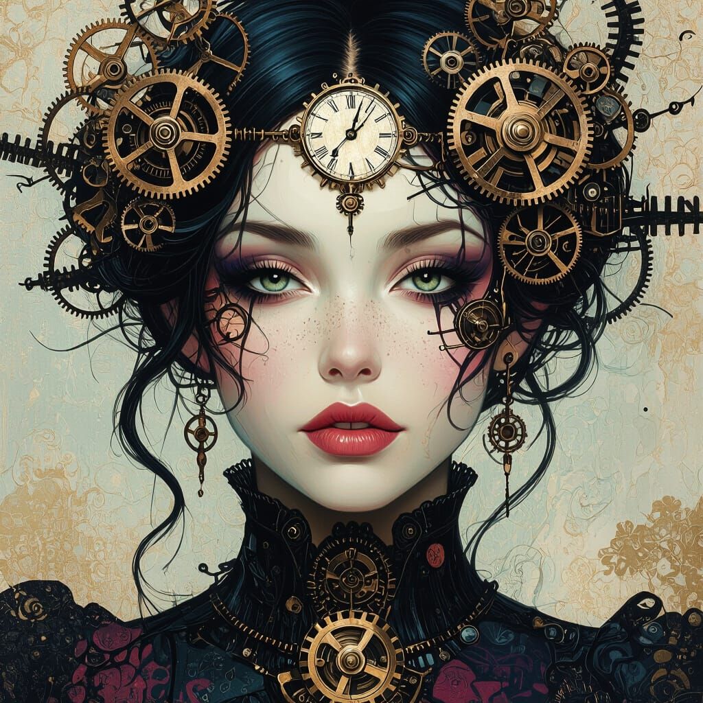 Surreal Clockwork Woman: Dada-Inspired Digital Artwork