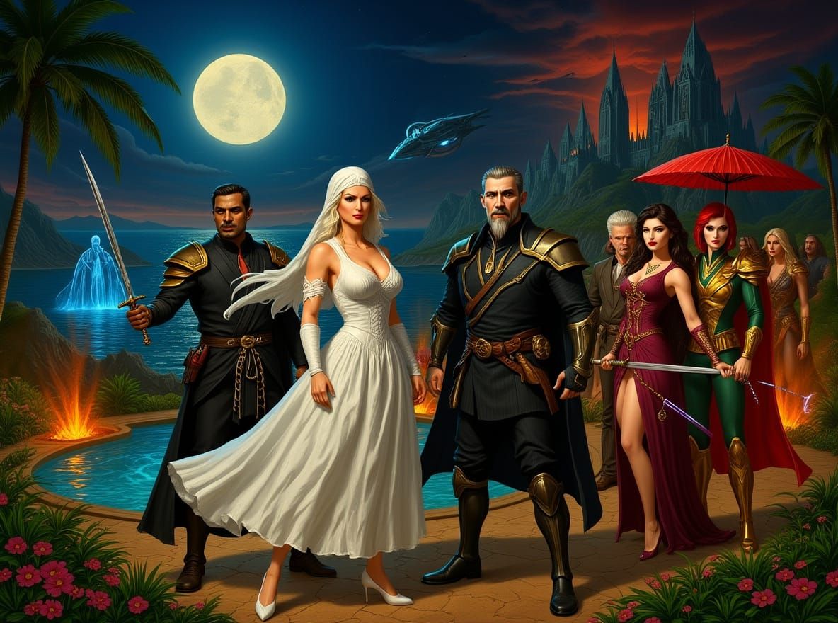 Epic Cosplay Collage in Tropical Galactic Landscape