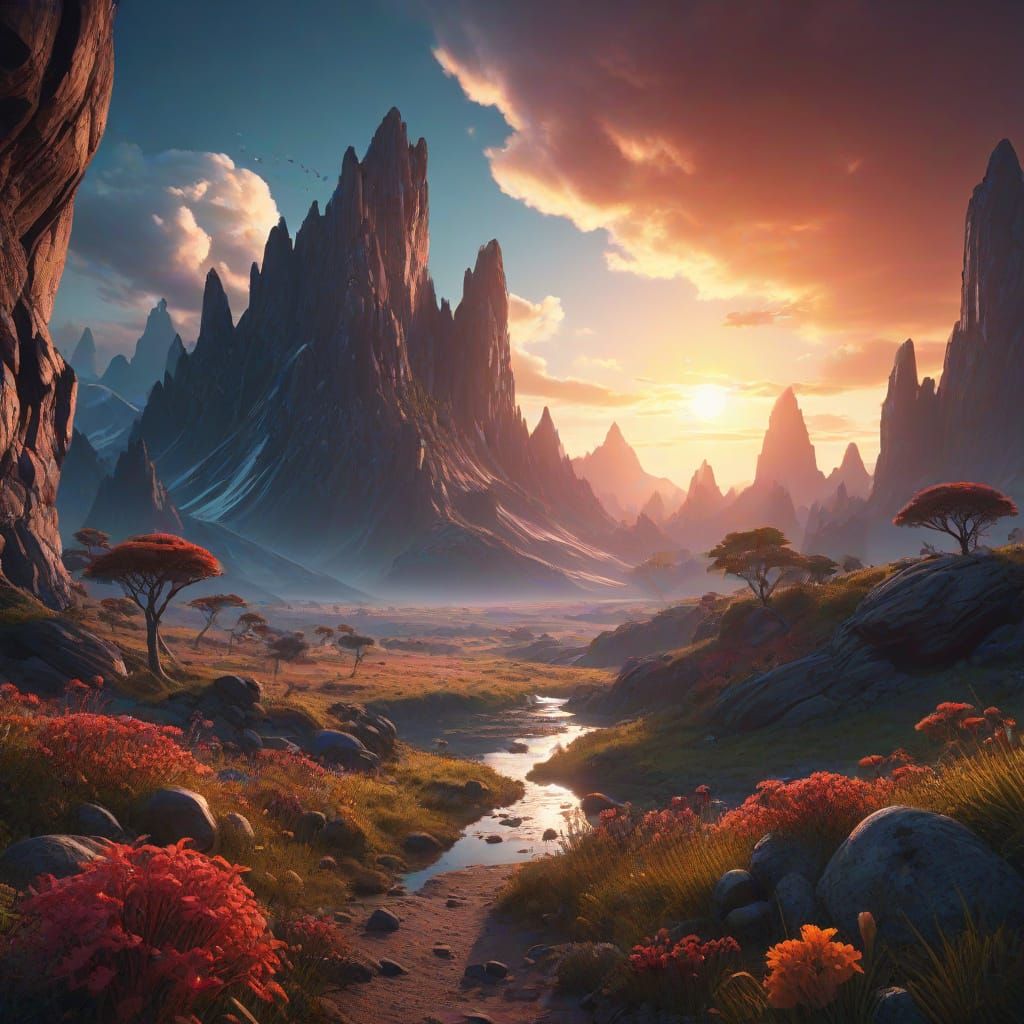 Alien Landscape Under Double Sunset in Matte Painting Style