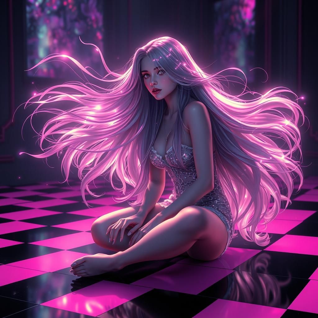Woman with Holographic Hair in Dark Fantasy Wonderland