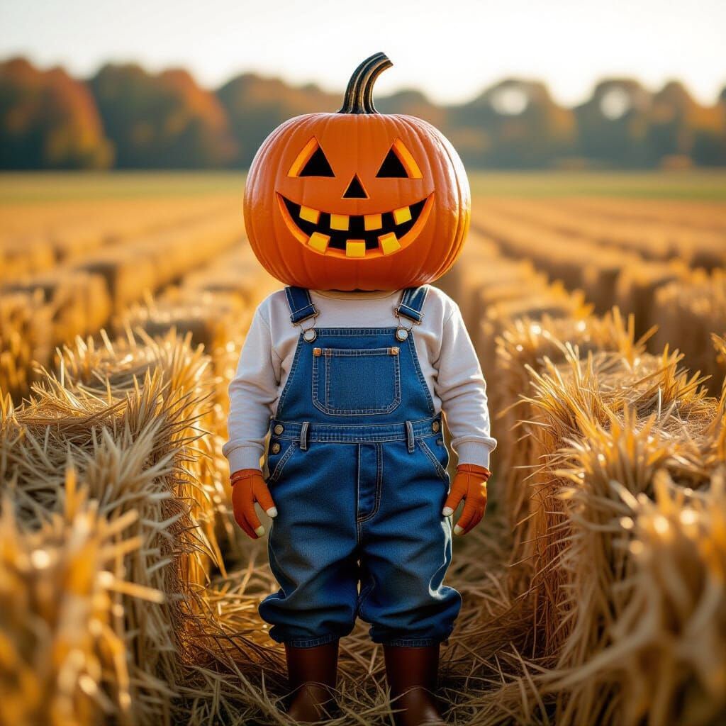 pumpkinhead stands in the field of autumn maze