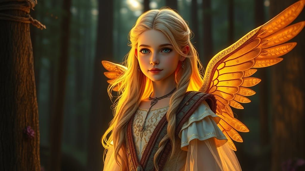 Angelic Blonde Valkyrie Girl in Lively Forest