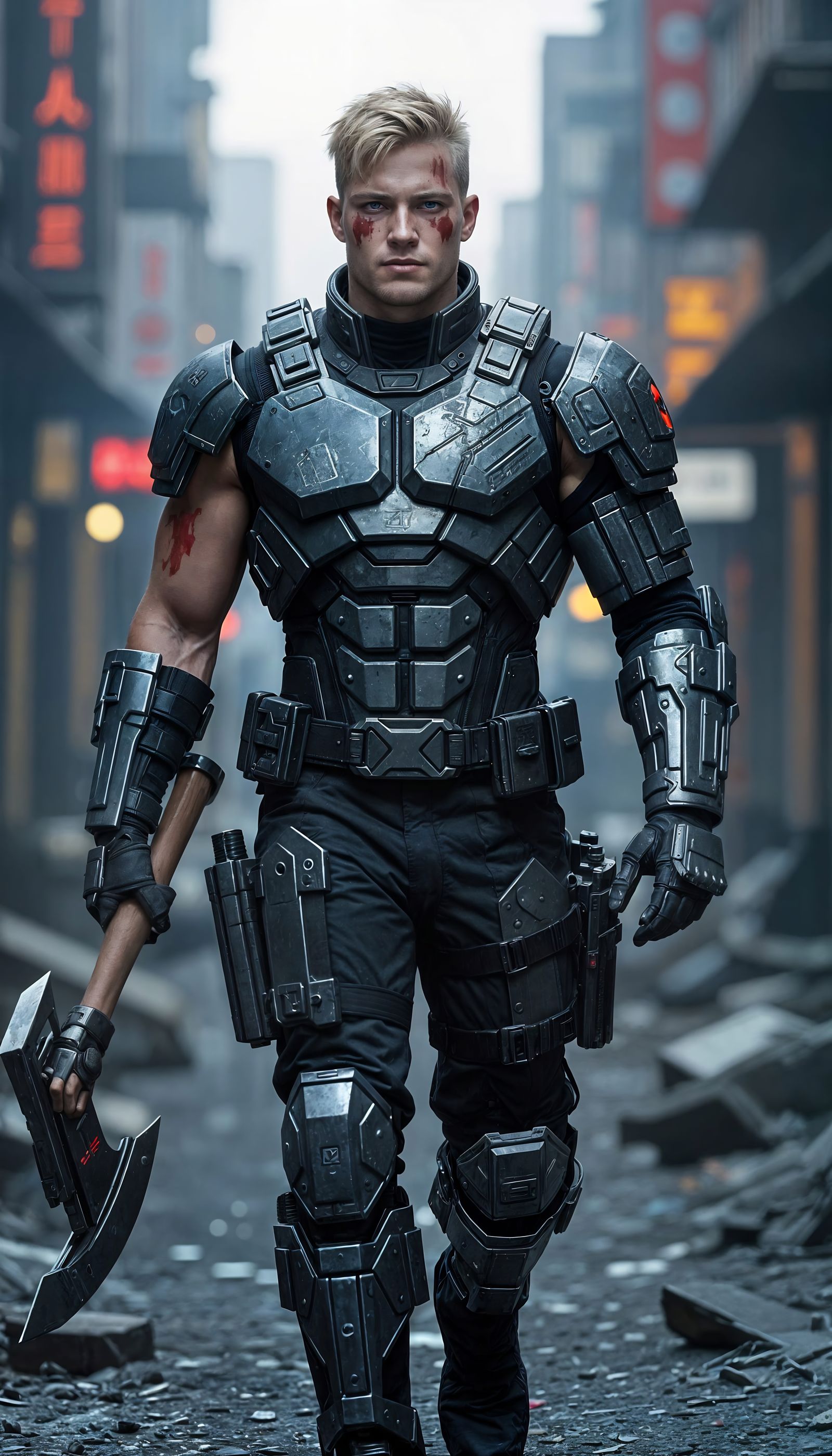 Cyberpunk Warrior with Cyber-Axe in Neon Wasteland