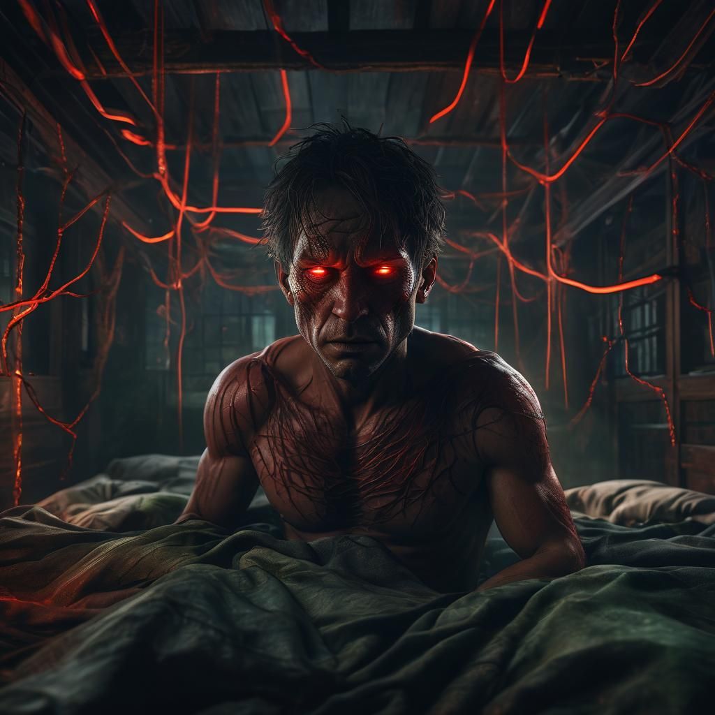 Dark Fantasy: Disturbed Man with Glowing Red Eyes