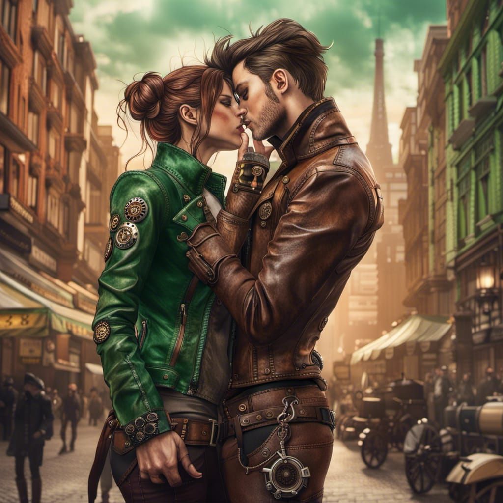 Steampunk Couple Kissing in Detailed Cityscape