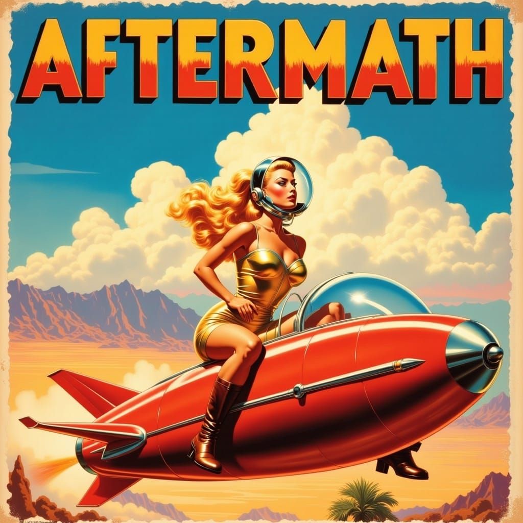 Retro-Futuristic Rocket Rider in Distressed Desert Landscape