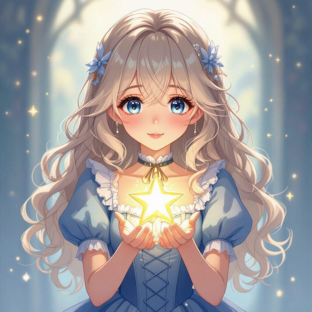Anime Girl Holds Star With Boy's Face, Ethereal Lighting