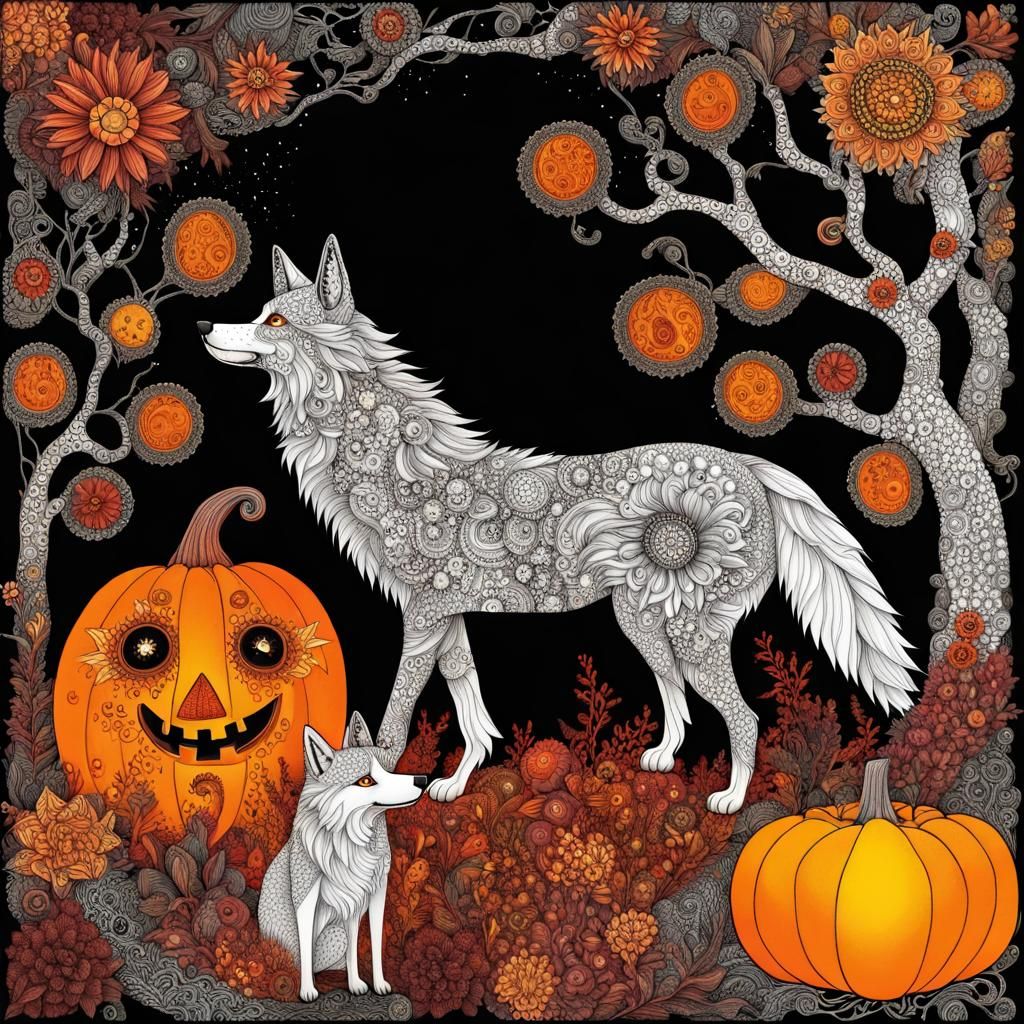 Halloween Fairy Wolf Family in Kinetic Pointillism