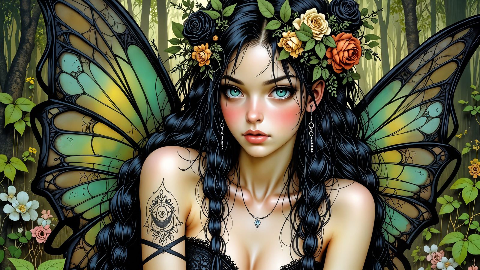 Japanese Fairy in Forest with Vintage Lace