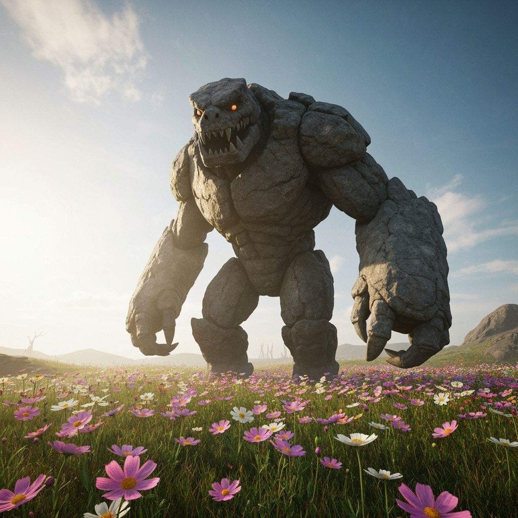 Stone Creature in Meadow of Flowers