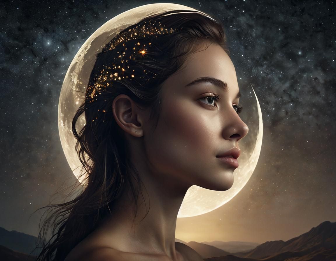 Surreal Human Head Split with Glowing Moon in Digital Art