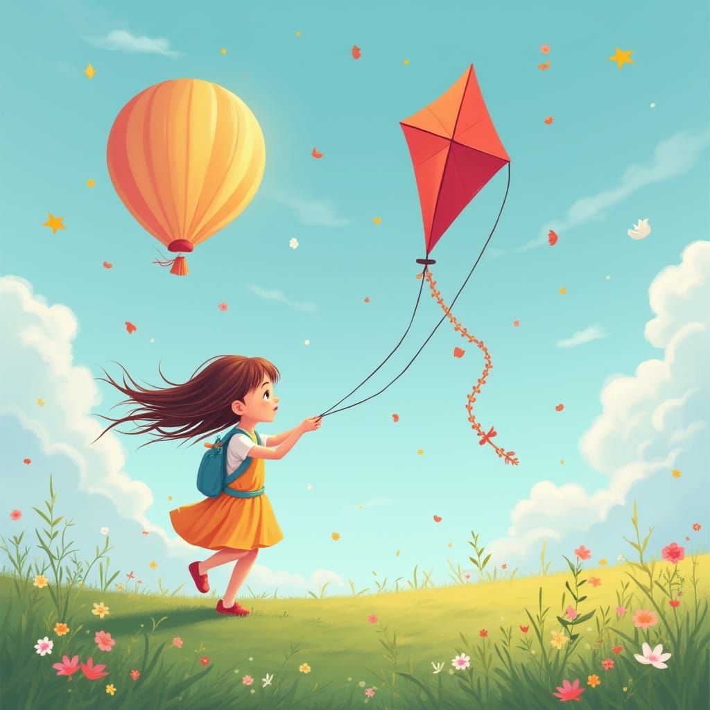 Surreal Young Girl Flying Kite in Stormy Weather