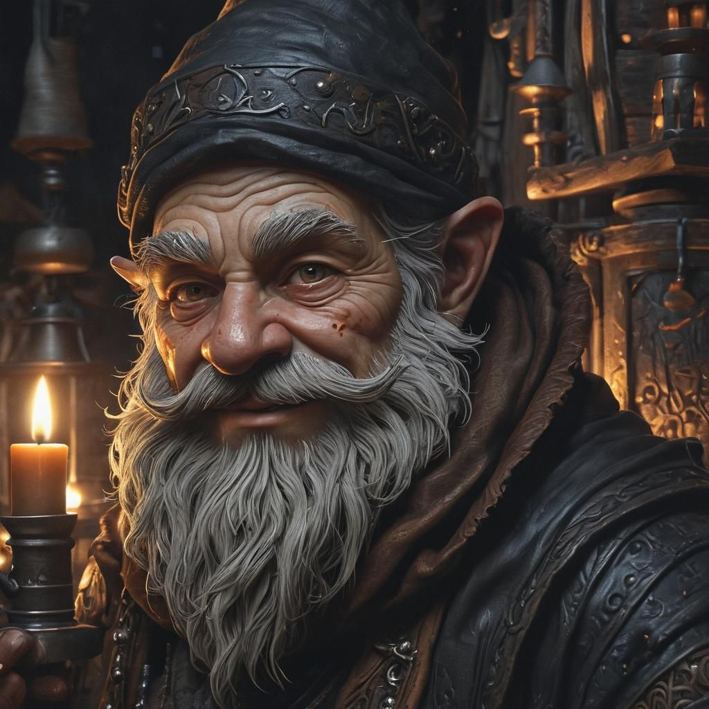 Grizzled Gnome Cleric Portrait in Dark Fantasy Style