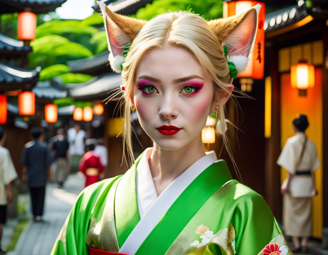 Elf Geisha on Tokyo Street: Hyperrealistic Portrait