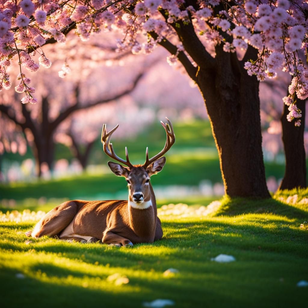 Sleeping Deer Under Cherry Blossoms at Sunrise