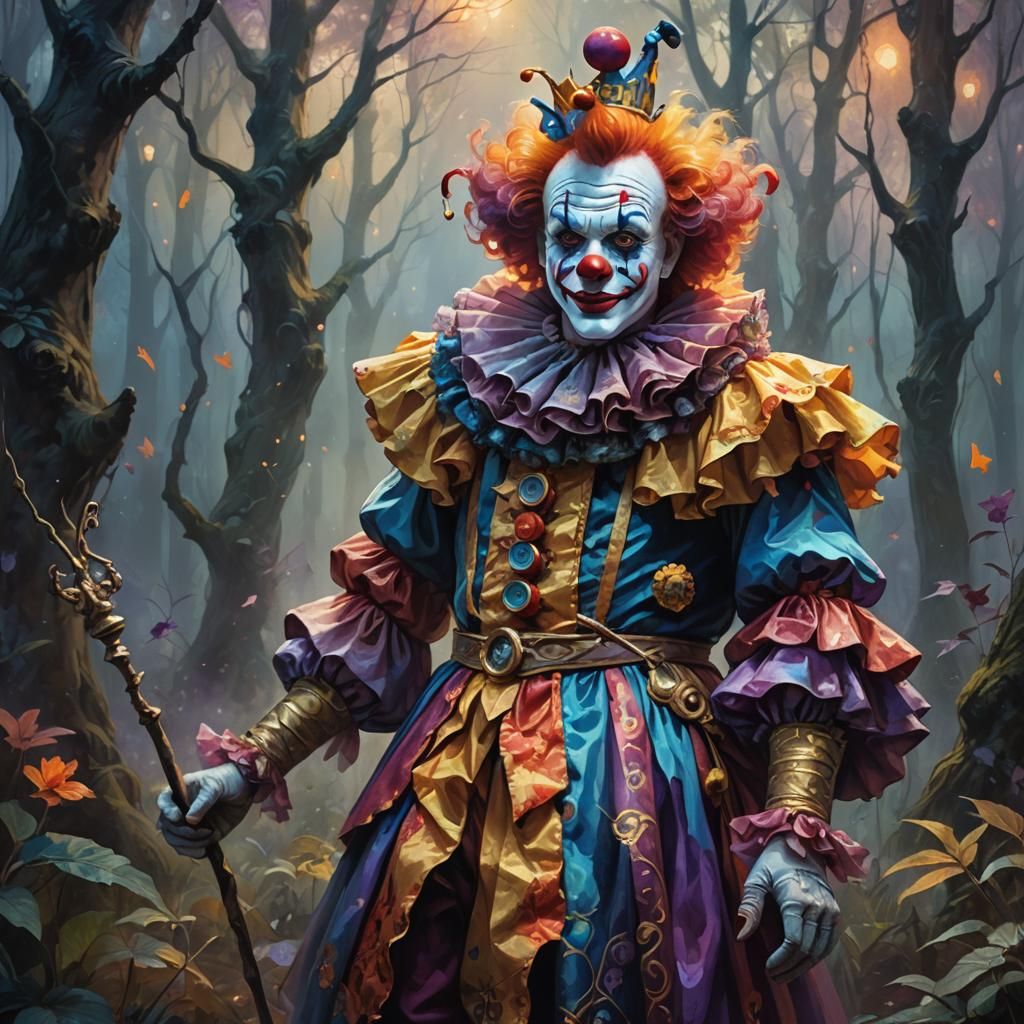 Clown in Mystical Forest: Fantasy Oil Painting