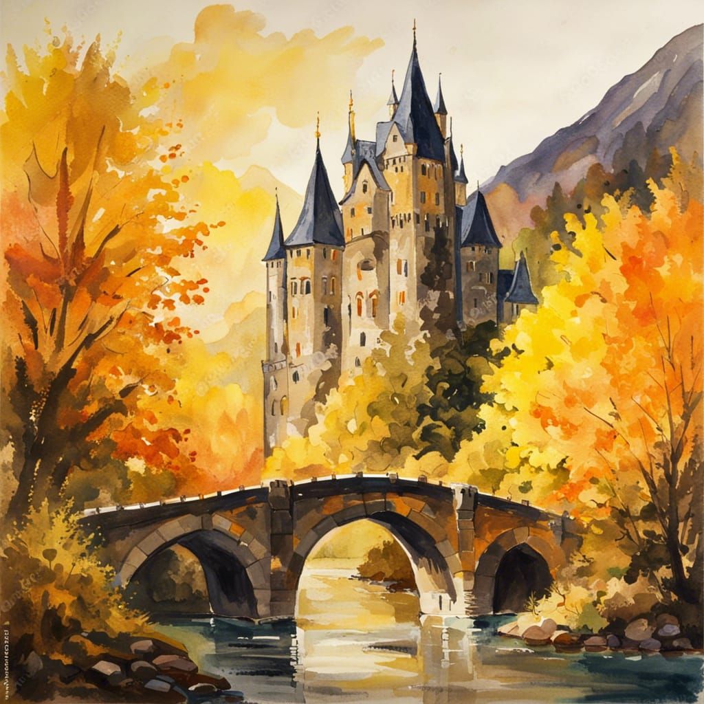 Gothic Castle in Autumnal Forest, Gouache Impressionism