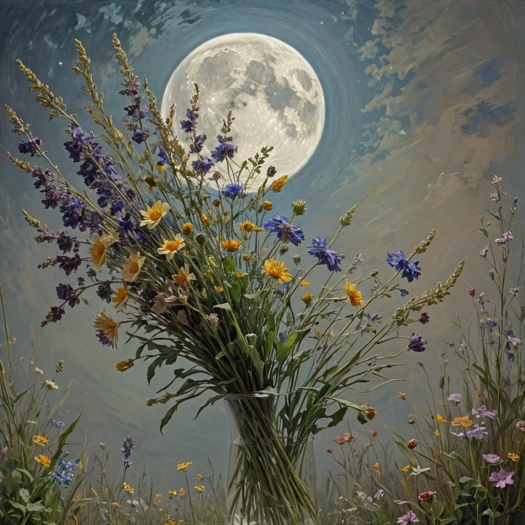 Full Moon with Wildflowers in Dreamy Oil Painting Style