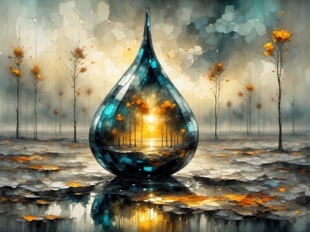 Autumn Forest Within a Glass Teardrop Vessel on Cracked Plai...