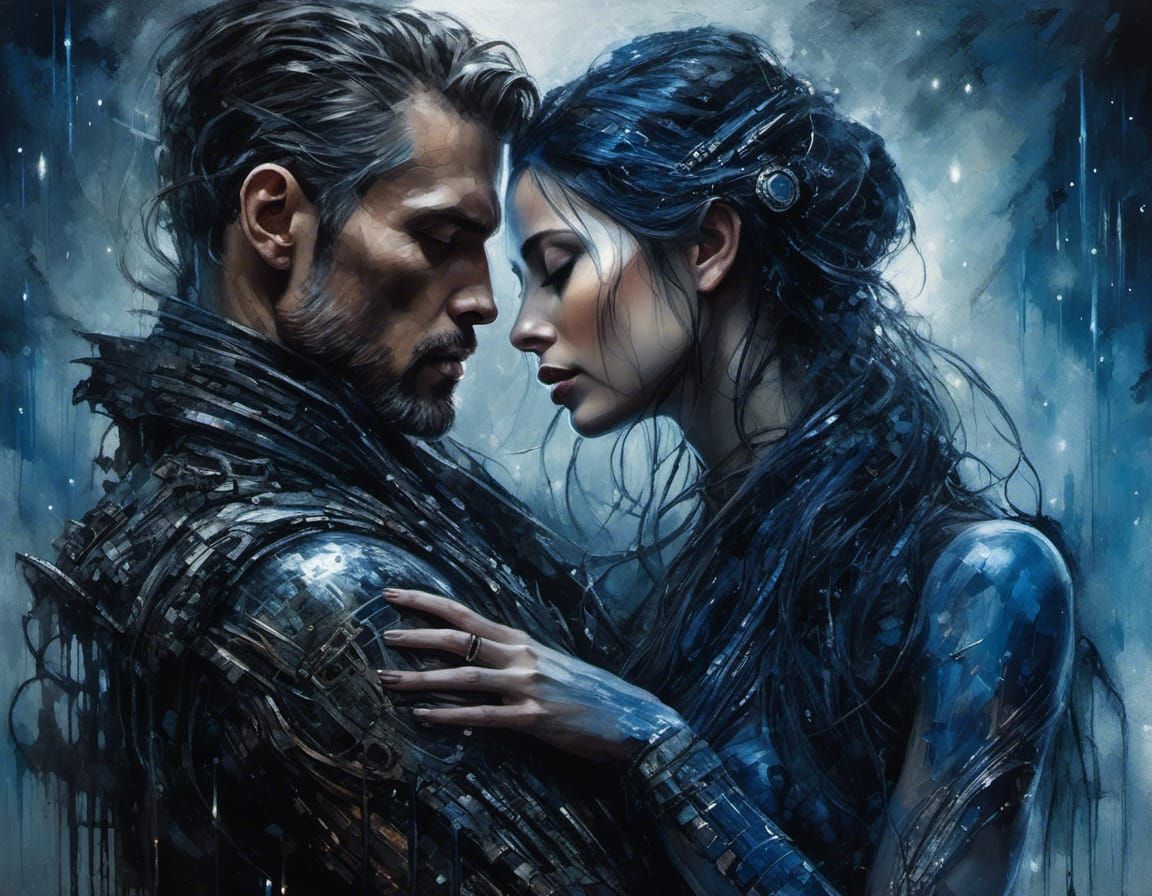 Futuristic Cyborg Embrace in Dystopian Cityscape