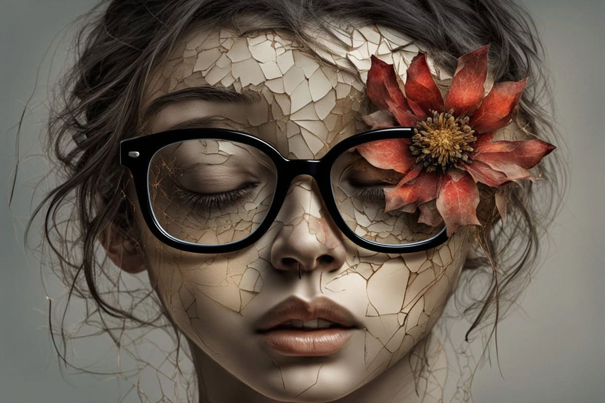 Cracked Portrait with Red Flower, a Digital Illustration