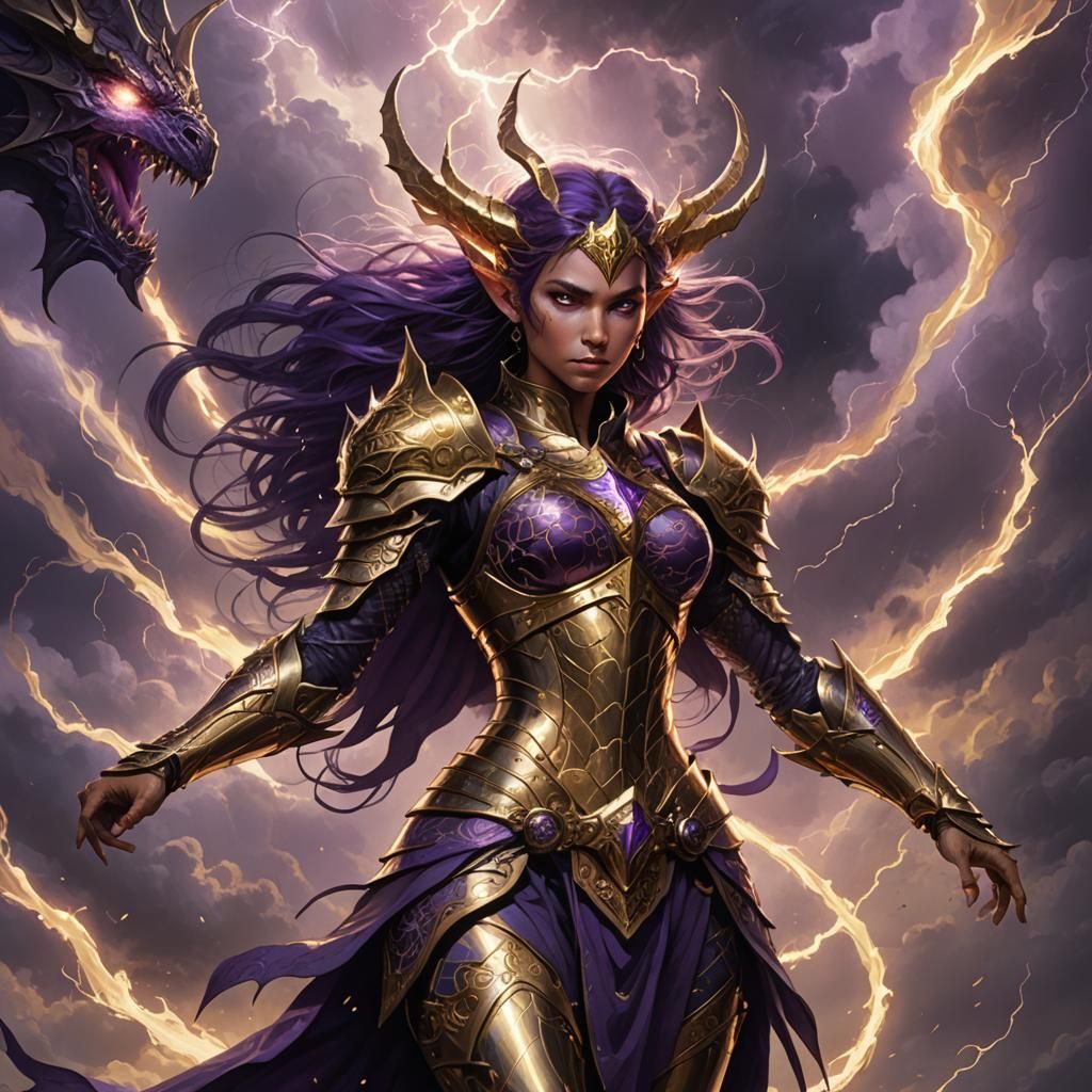 Elf in Golden Armor with Dragon, Dark Fantasy Art