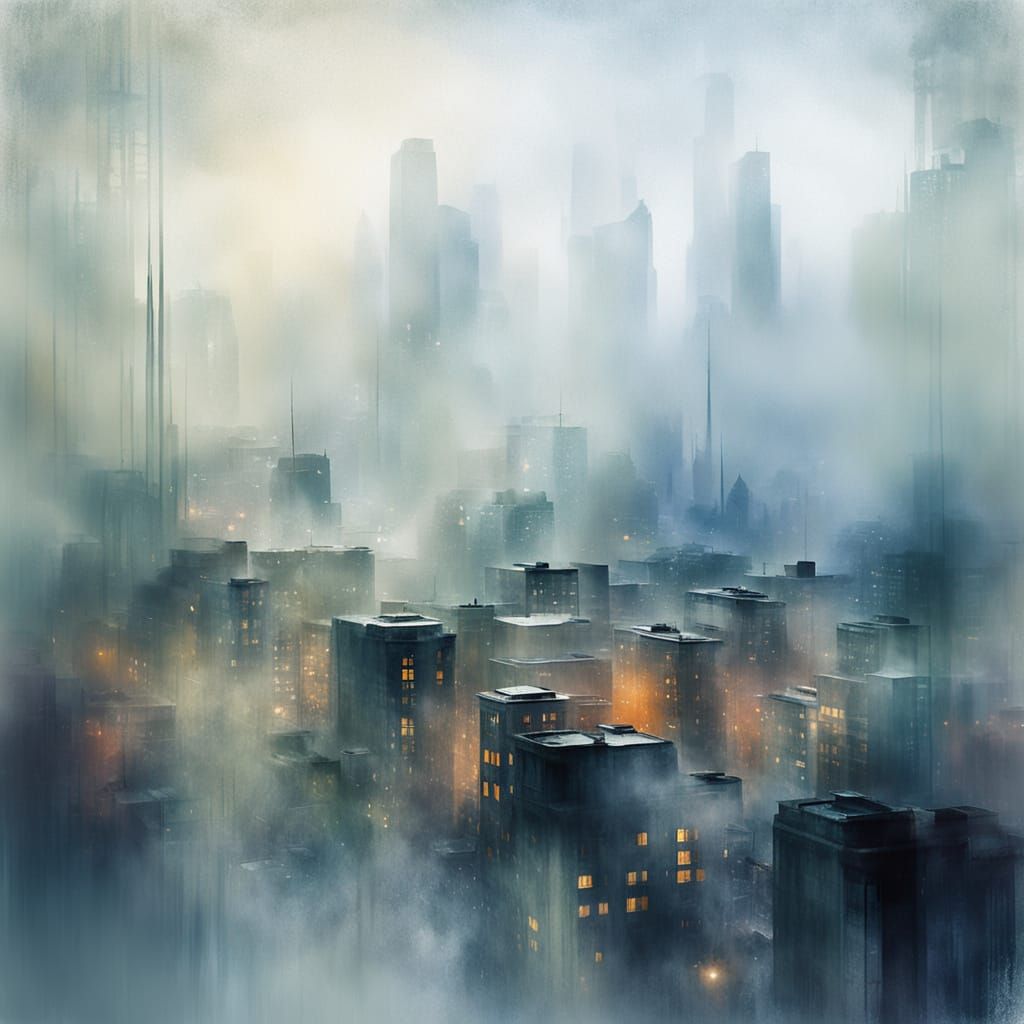 Cityscape Through Fogged Window in Impressionistic Style