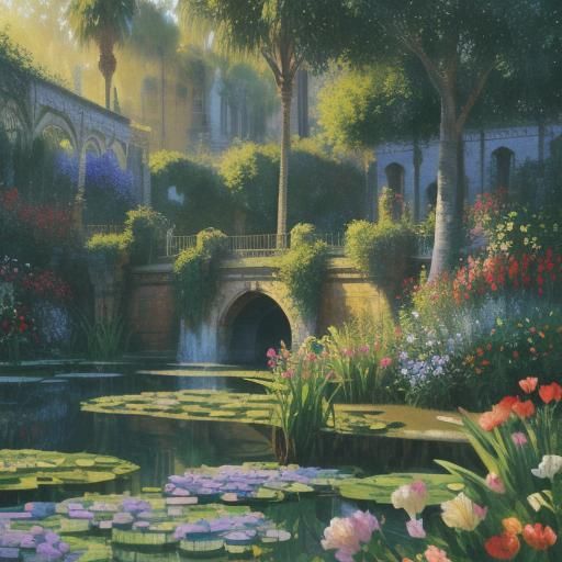 Lush Hanging Gardens of Babylon as Impasto Painting