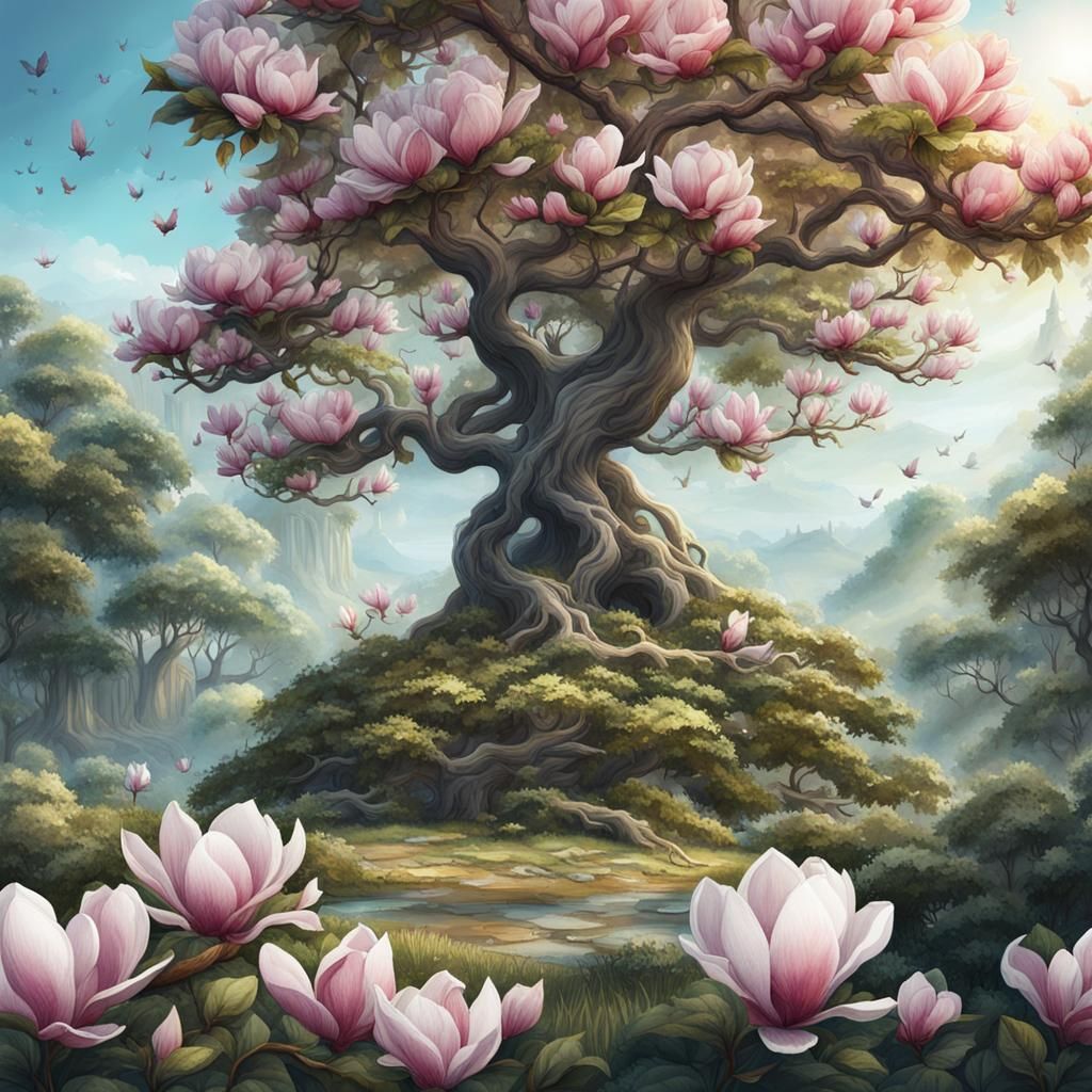 Magnolia Tree Watercolor Painting in Guan Weixing Style