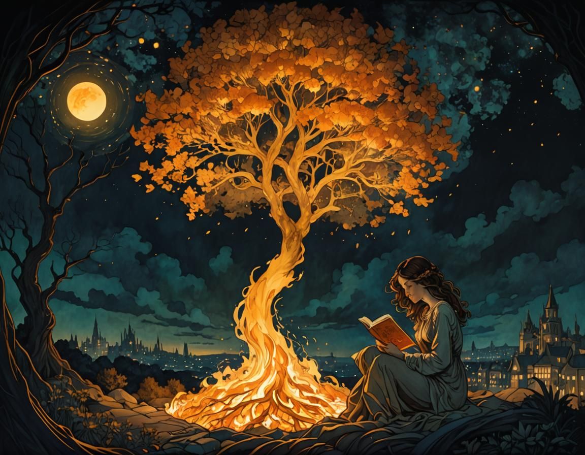 Girl Reading by Burning Fire Tree in Art Nouveau Style
