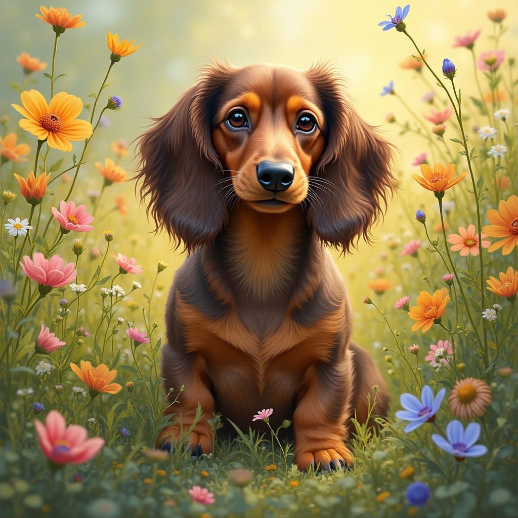Dachshund in Wildflowers: An Impressionistic Scene