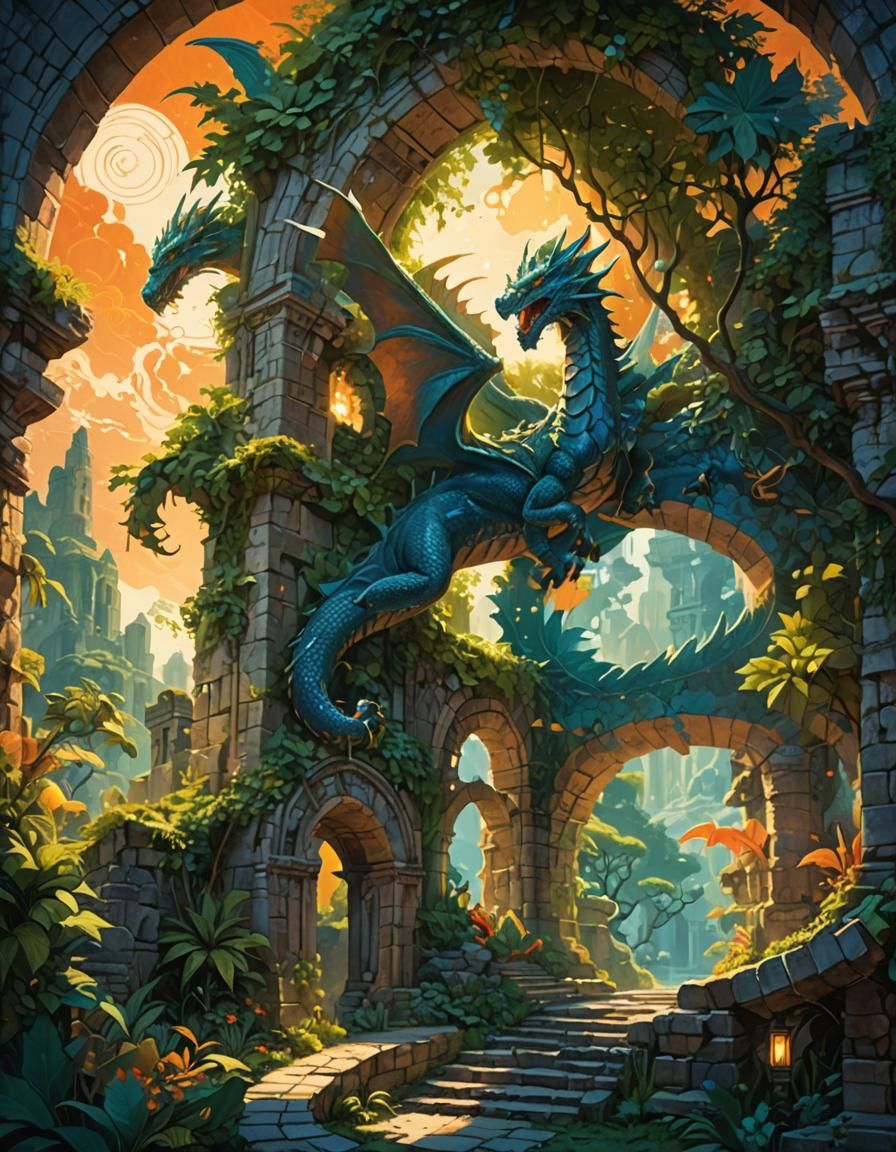 Dragon Soaring Through Mystical Archway in Fantasy Landscape