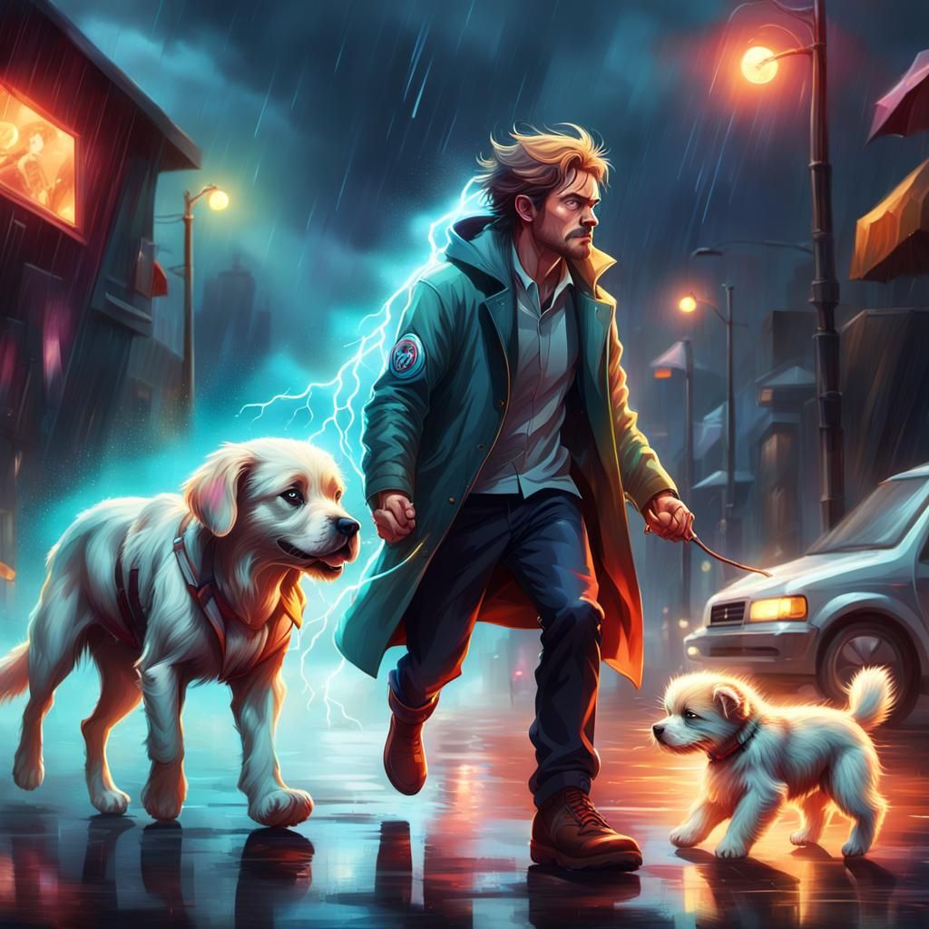 Hyperrealistic Man Saves Puppy in Rainy Night