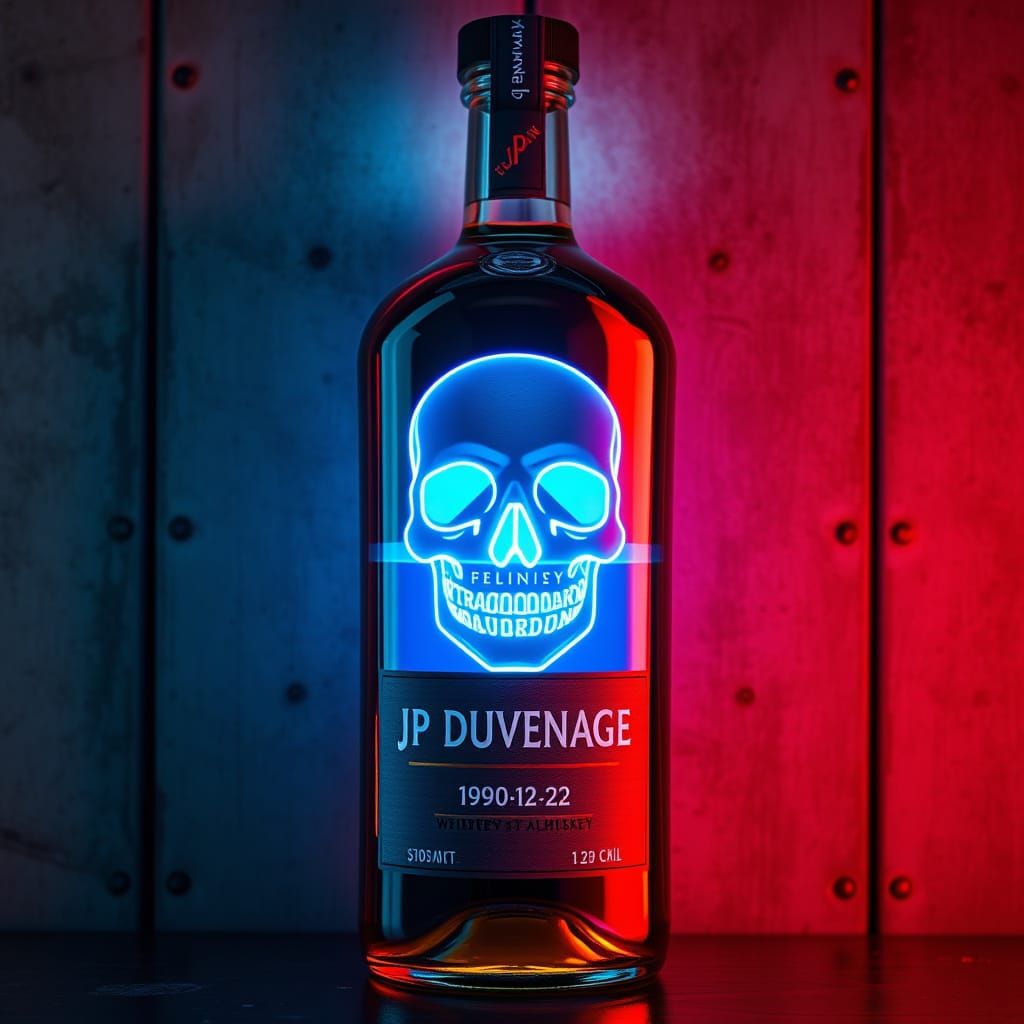 Whiskey Bottle with Neon Skull Label in Industrial Style